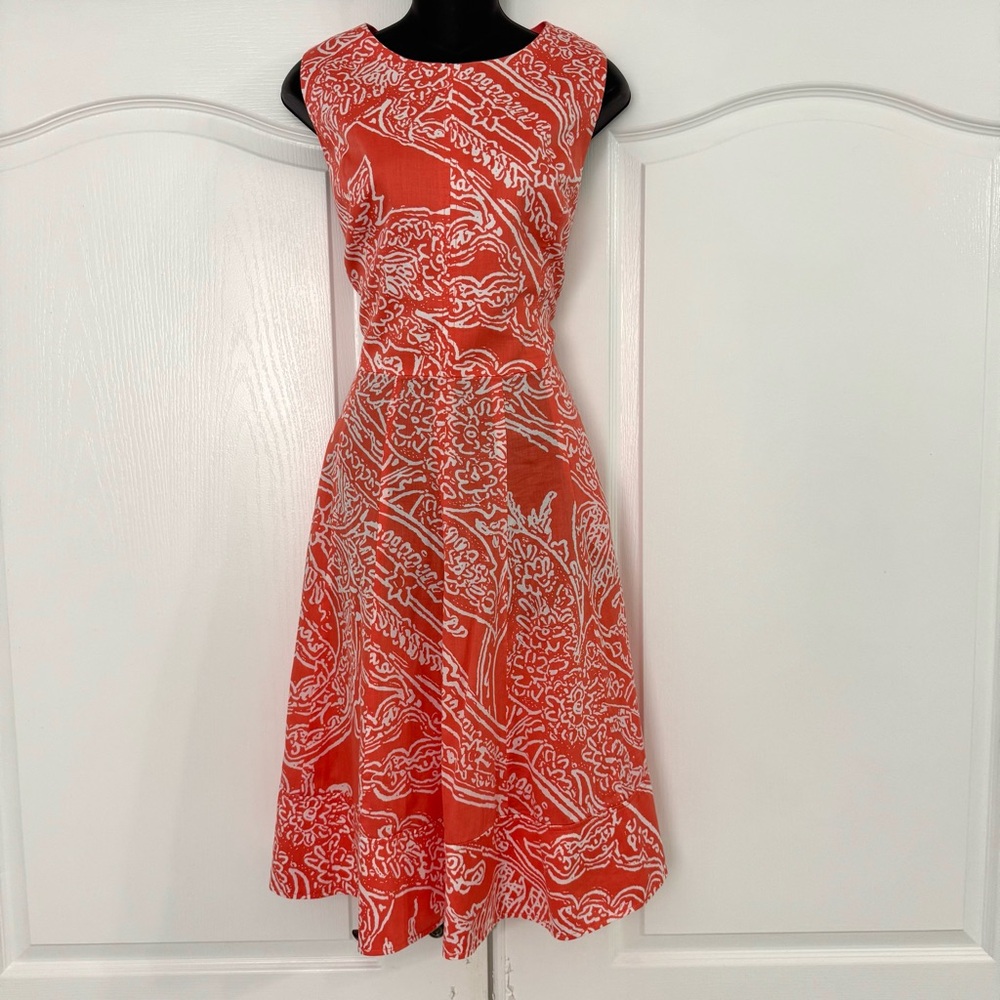 Anne Klein Coral & White Fit & Flare Dress w/ Pockets Sz 14 Lined floral - Picture 2 of 6